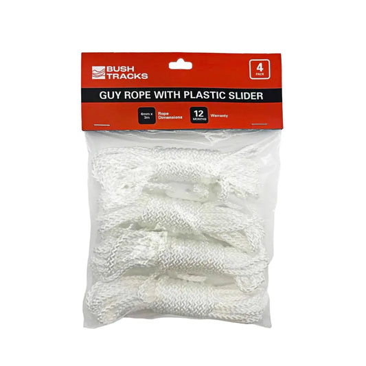 Bush Tracks 4mm Single Guy Rope With Plastic Slider, White 4mm x 3m - 4 Pack